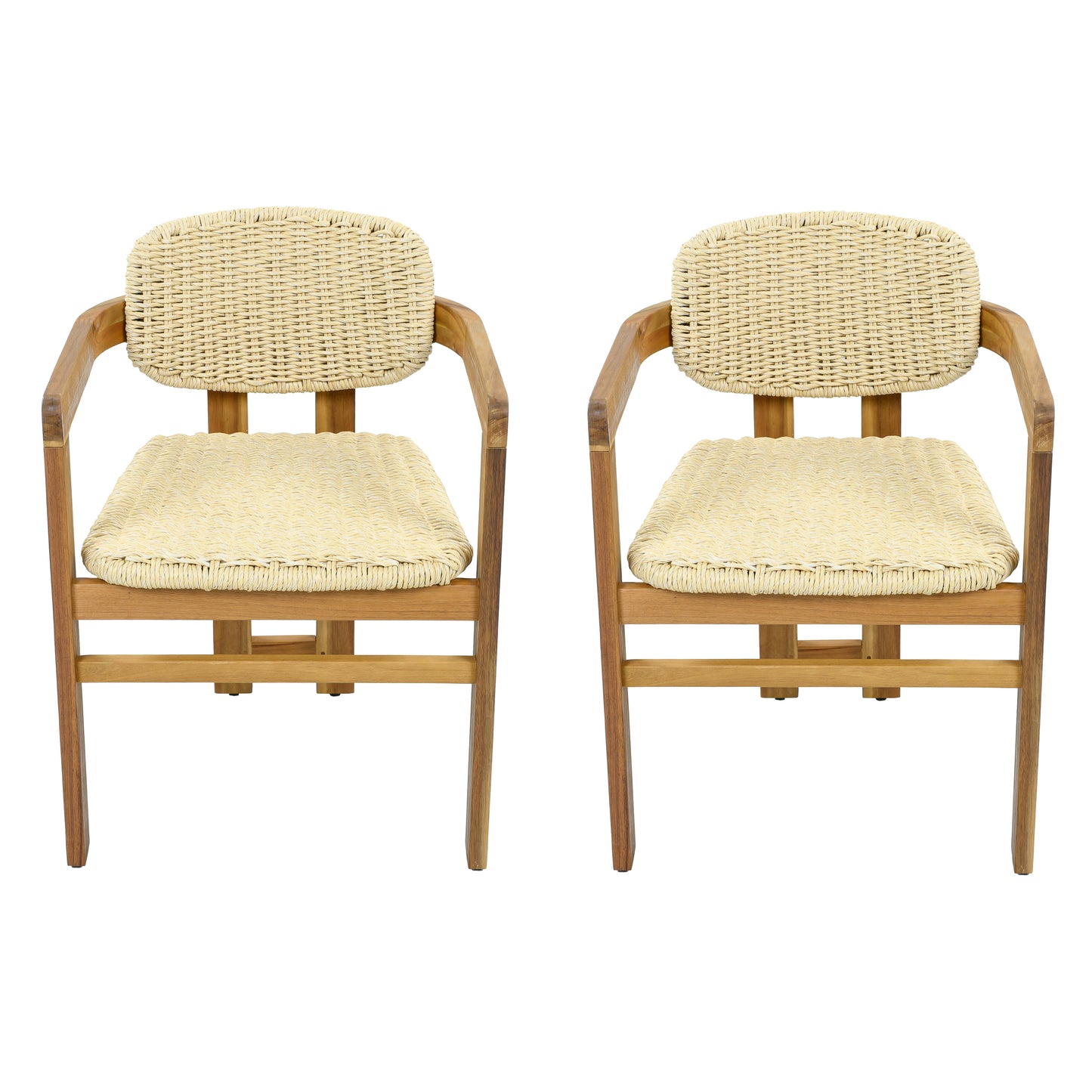 Outdoor Woven Rattan Chair Set Two Accent Chairs Stylish Armchairs for Patio Garden Teak Finish+Natural Rattan Acacia Wood Frame 2 Person Seating Group