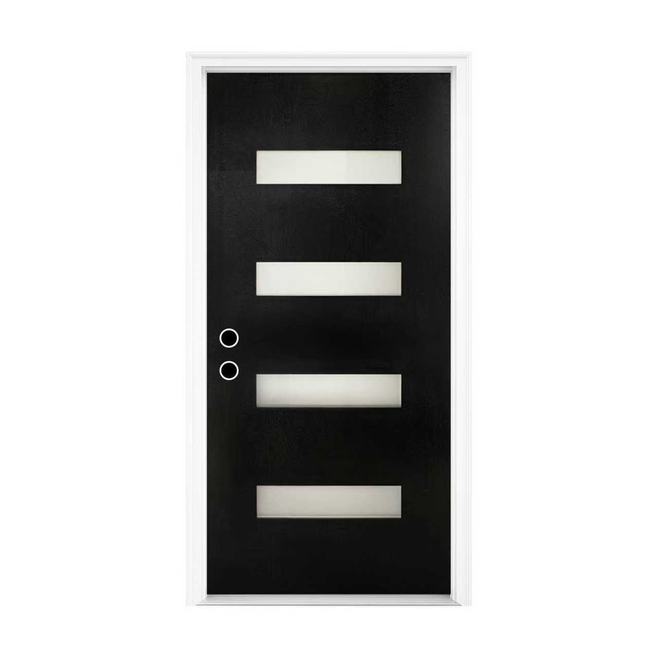 36 x 80 Fiberglass Entry Door with Brickmould, Frosted Glass - Contemporary Style for Home's Front Entrance, Right Hand Inswing, Black Finished Knock-Down Fiberglass Door with 4-9/16 White Vinyl Frame