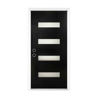 36 x 80 Fiberglass Entry Door with Brickmould, Frosted Glass - Contemporary Style for Home's Front Entrance, Right Hand Inswing, Black Finished Knock-Down Fiberglass Door with 4-9/16 White Vinyl Frame